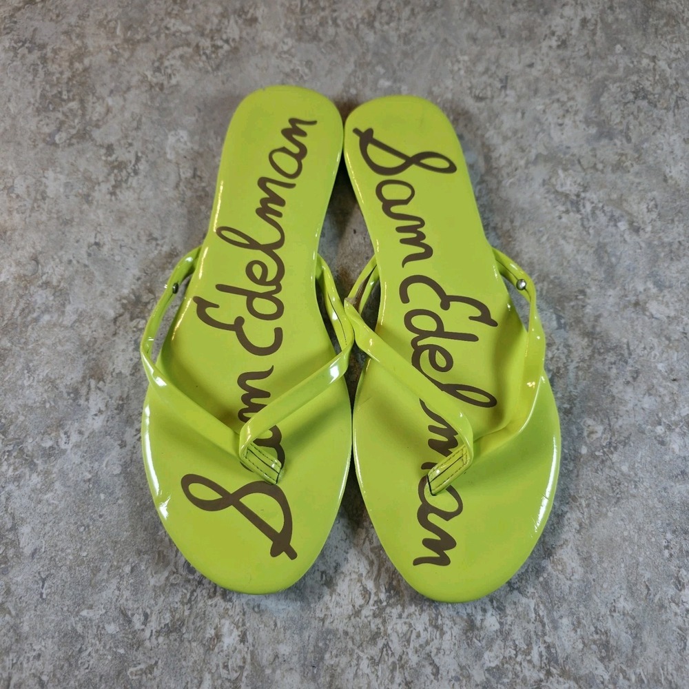 Sam Edelman Neon Yellow Green Patent Leather Flip Flop Sandals Size 10